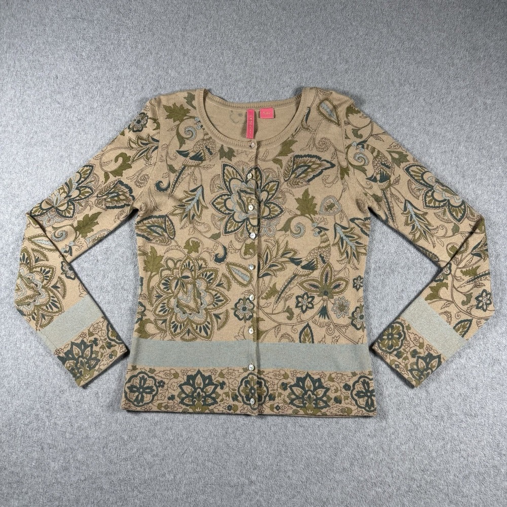 Charlotte Tarantola Cardigan Floral Paisley Boho Sweater Brown Size M